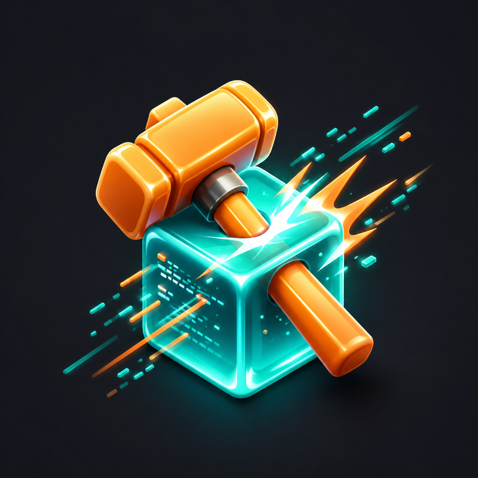 Glossy orange forge hammer striking through a glowing cyan data cube